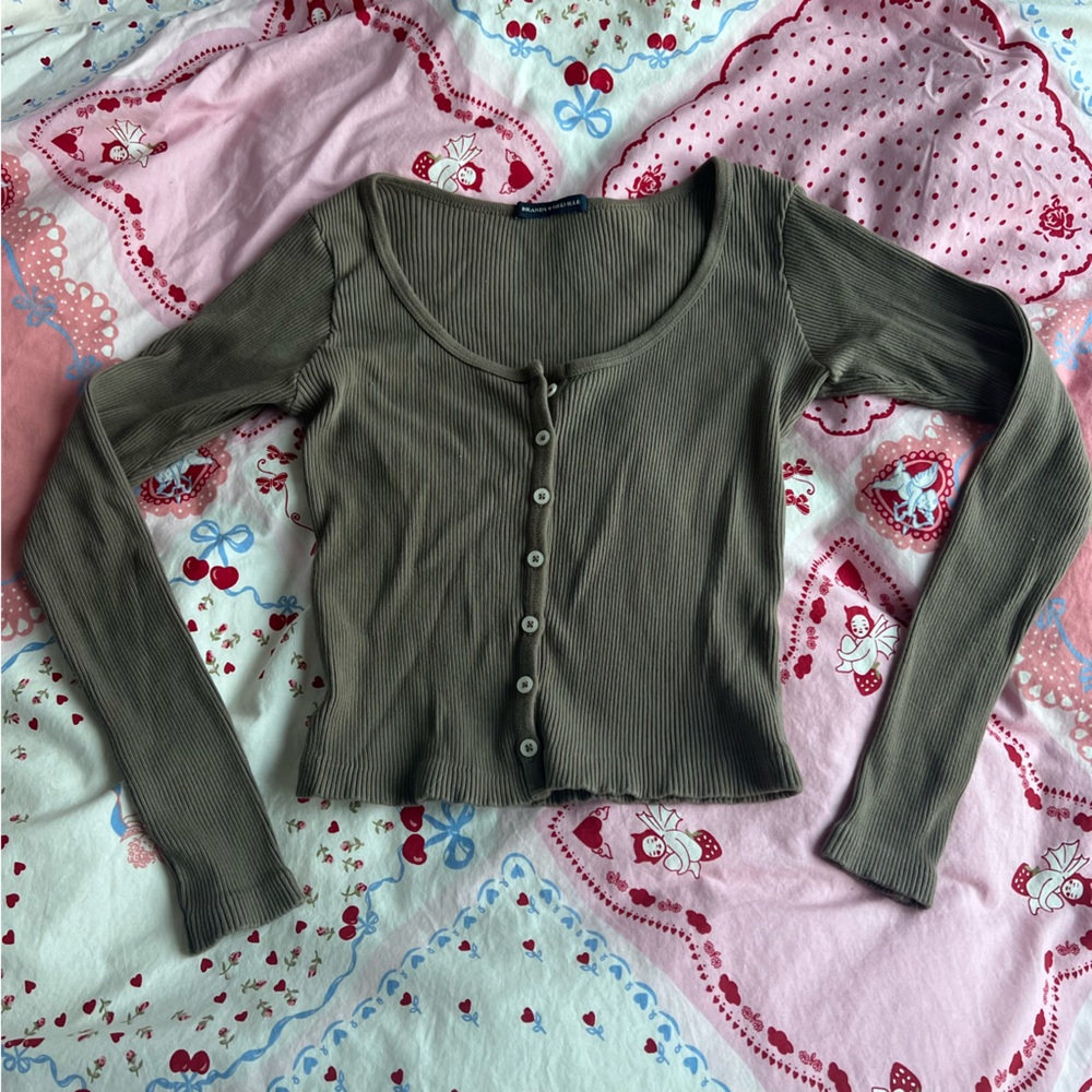 Brandy Melville Green and Pink Fitted Button Down Shirt